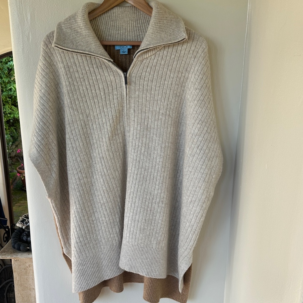 CeCe Beige Ribbed Half-Zip Poncho